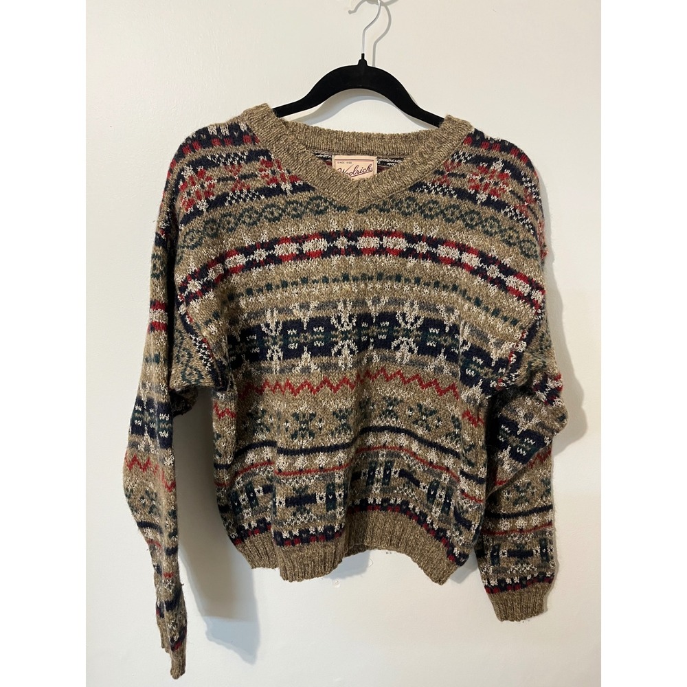 Woolrich Vintage Fair Isle V-Neck Sweater Womens Small Brown Made in USA Knit